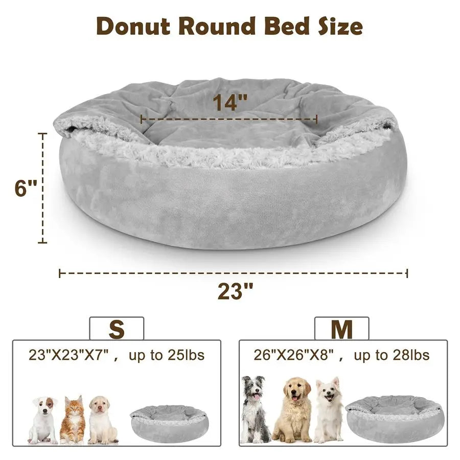 Donut Round Hooded Pet Bed For Small Dogs And Cats