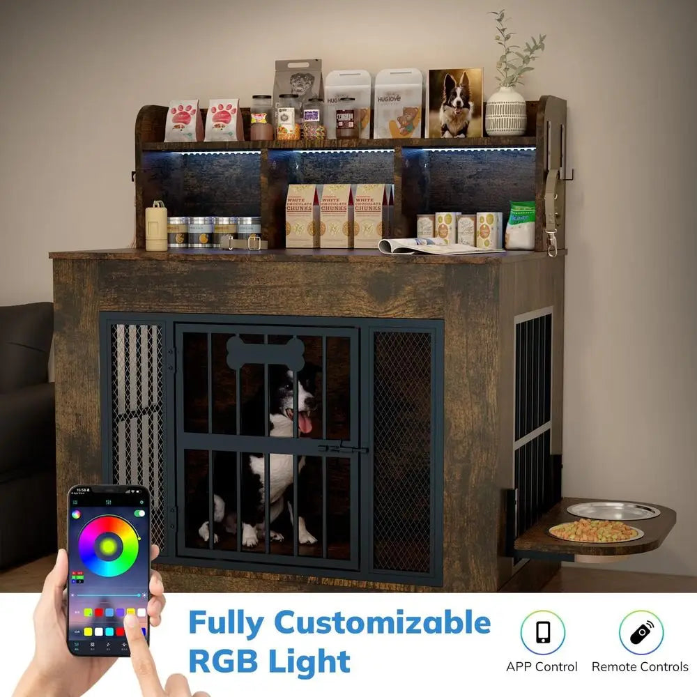Indoor Dog Crate Furniture With Storage Shelves Stainless Steel Bowls
