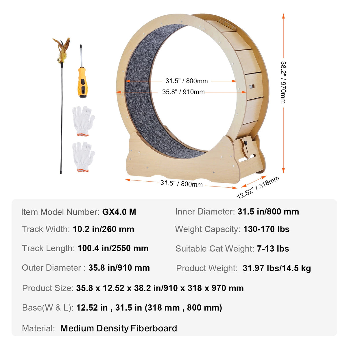 Wooden Indoor Cat Exercise Wheel With Detachable Carpet Toy