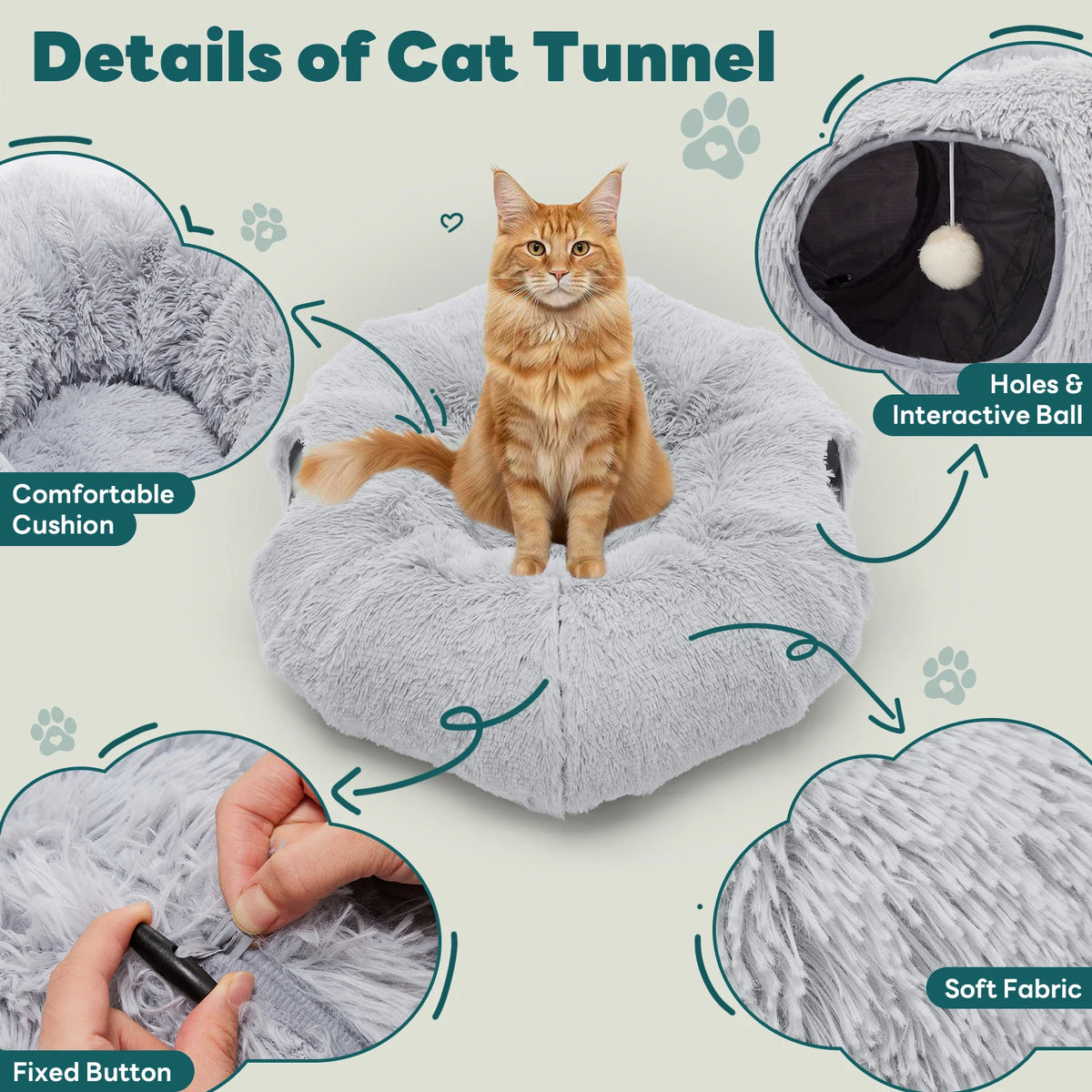 JHK Soft Plush Cat Tunnel Bed Indoor Doughnut Playground