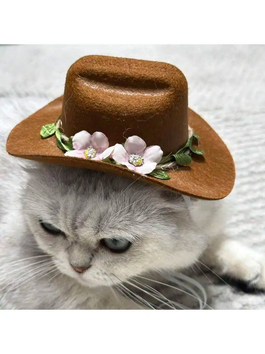 Pet Cat Cowboy Hat With Star Pattern Adjustable Sun Hat