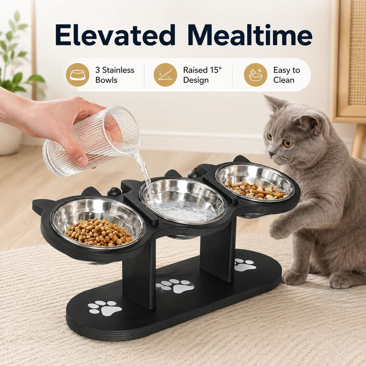 Tilted Elevated Cat Bowl Stand Detachable With Three Stainless Bowls