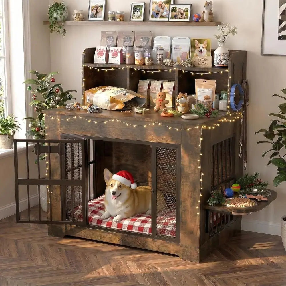 Indoor Dog Crate Furniture With Storage Shelves Stainless Steel Bowls
