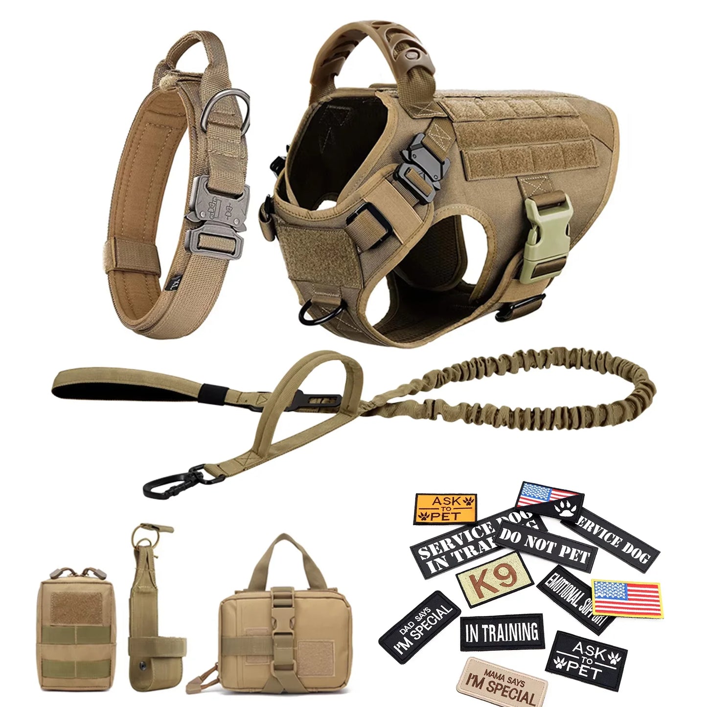 Nylon Military Dog Harness Vest Set With Leash Malinois Patches