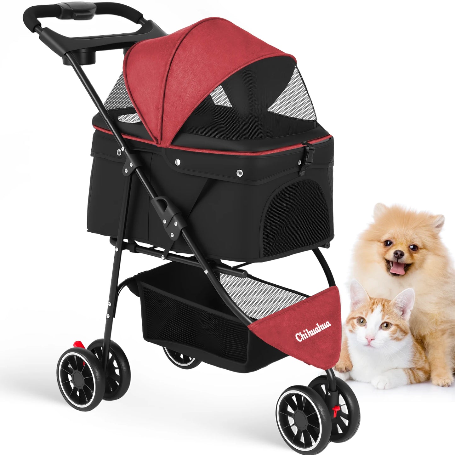 Chihuahua Pet Stroller For Cats And Dogs Foldable 3 Wheels Mesh Canopy
