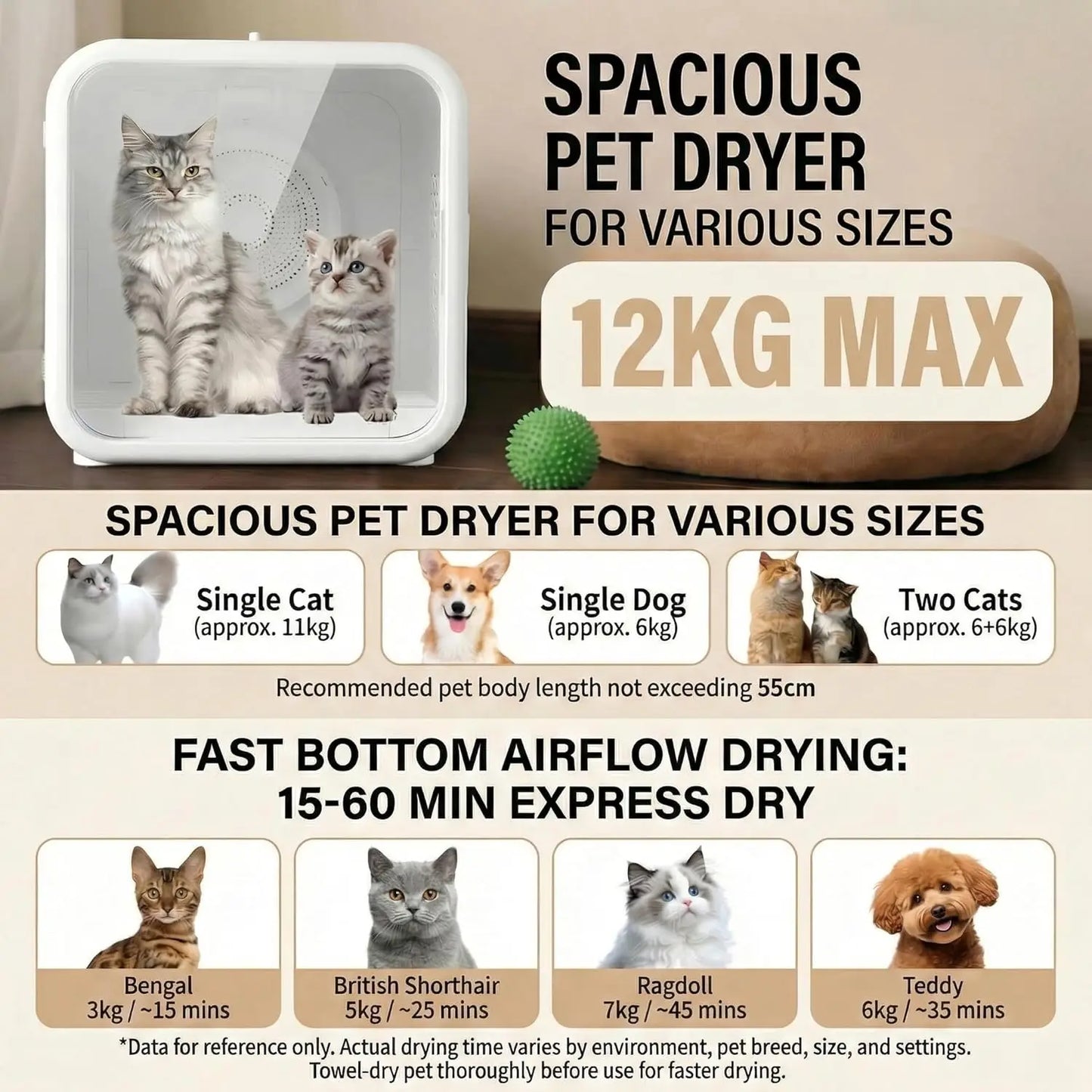Quiet Pet Dryer Box 360 Degree Fast Dry Grooming Enclosed
