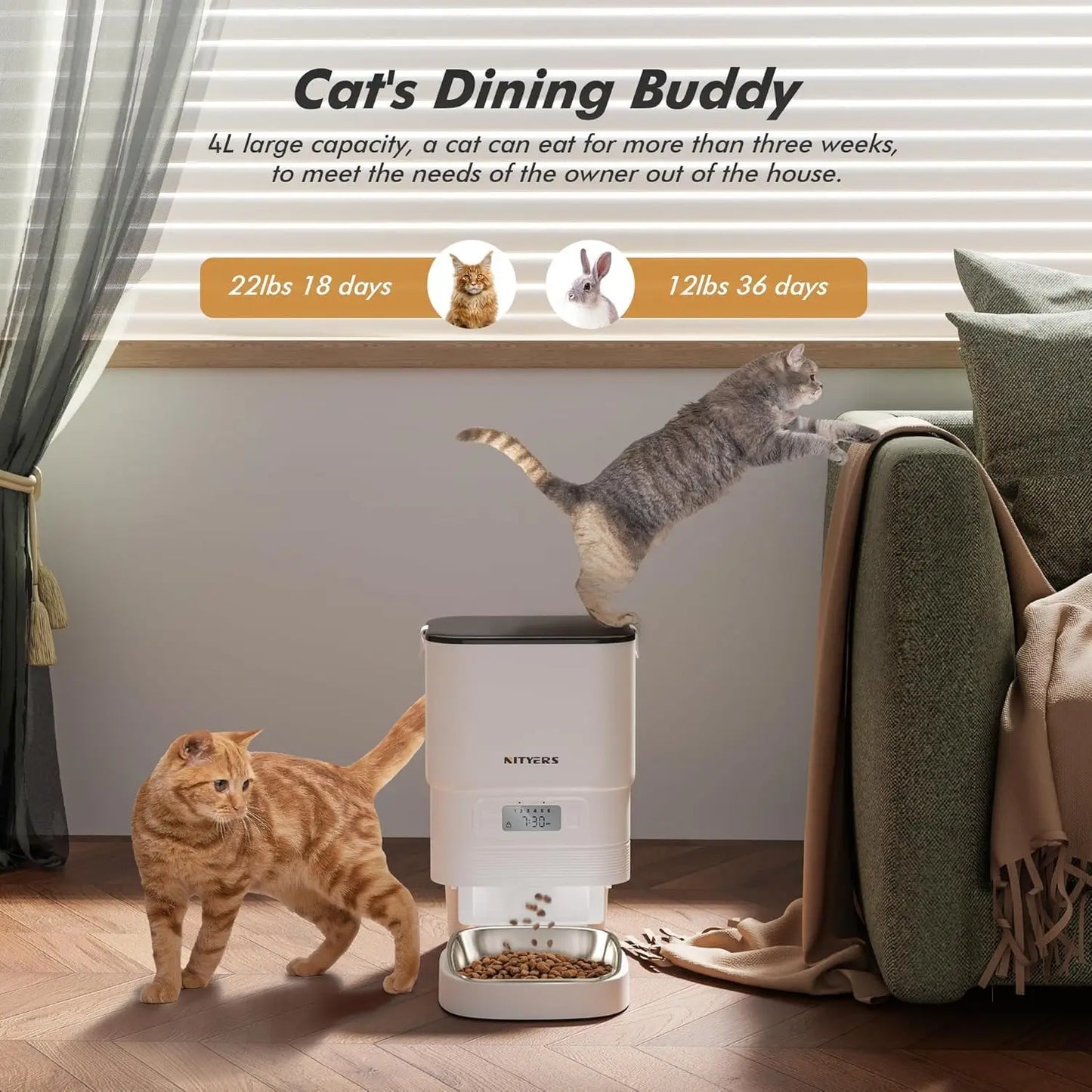 Nityers Automatic Cat Feeder With Stainless Steel Bowl