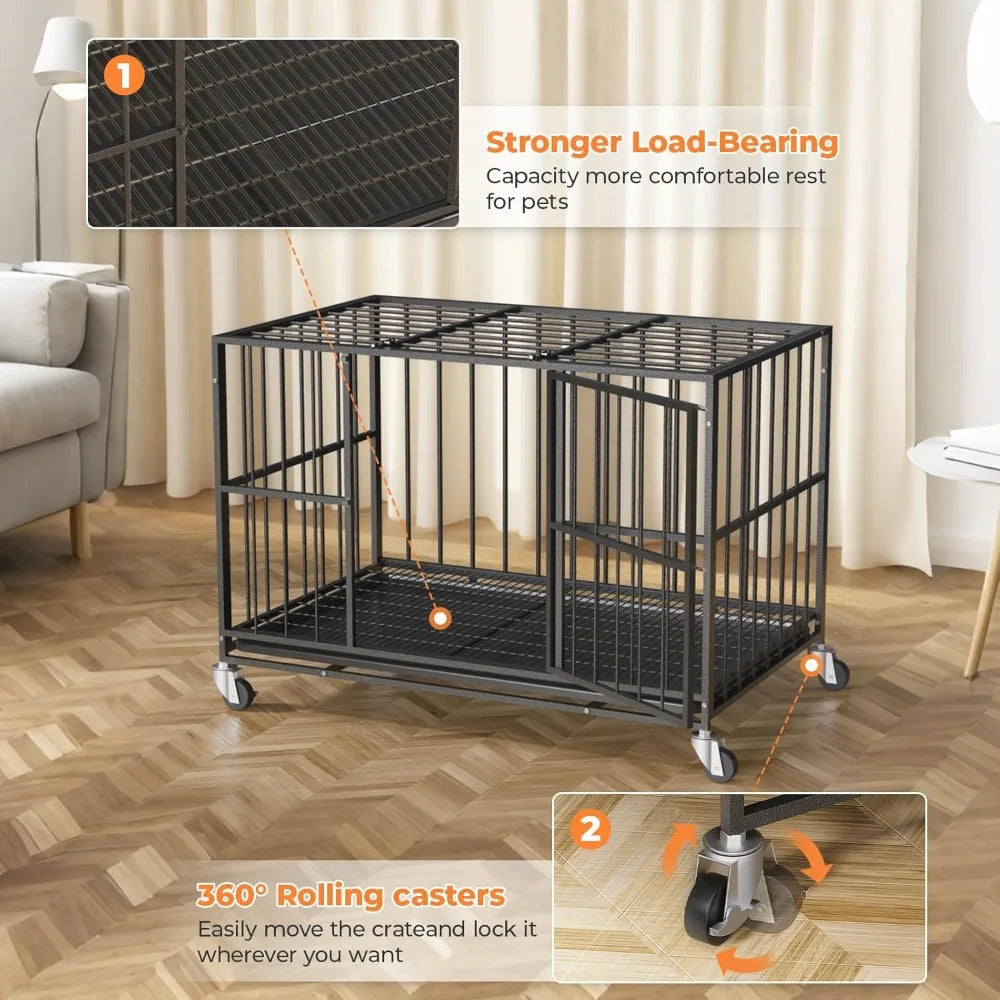 Heavy Duty Steel Dog Crate With Double Doors Lockable Wheels