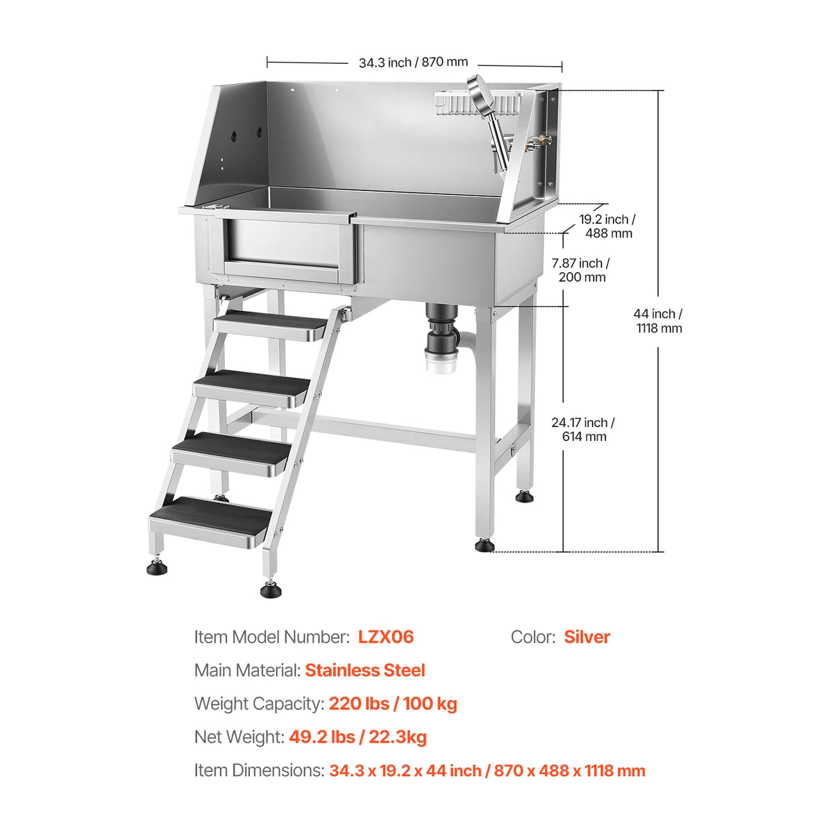 SucceBuy Stainless Steel Dog Washing Station With Shower Faucet