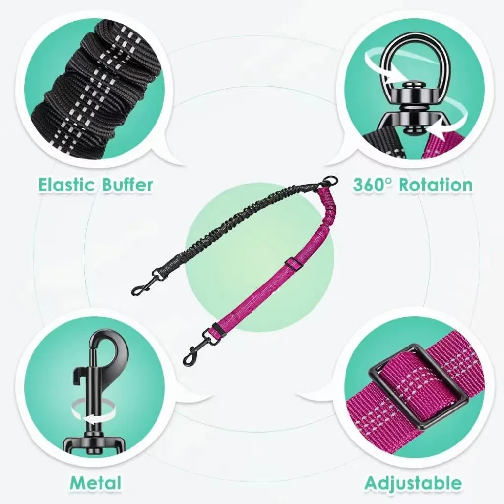Dual Dog Leash Attachment With Shock Absorbing Bungee