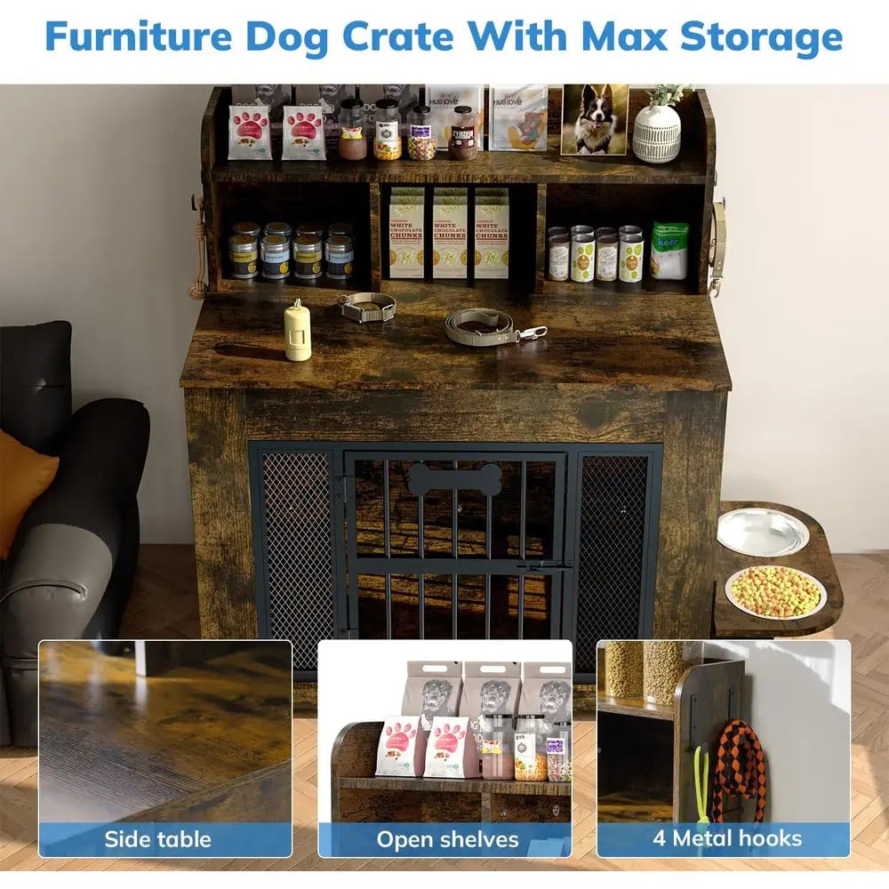 Indoor Dog Crate Furniture With Storage Shelves Stainless Steel Bowls