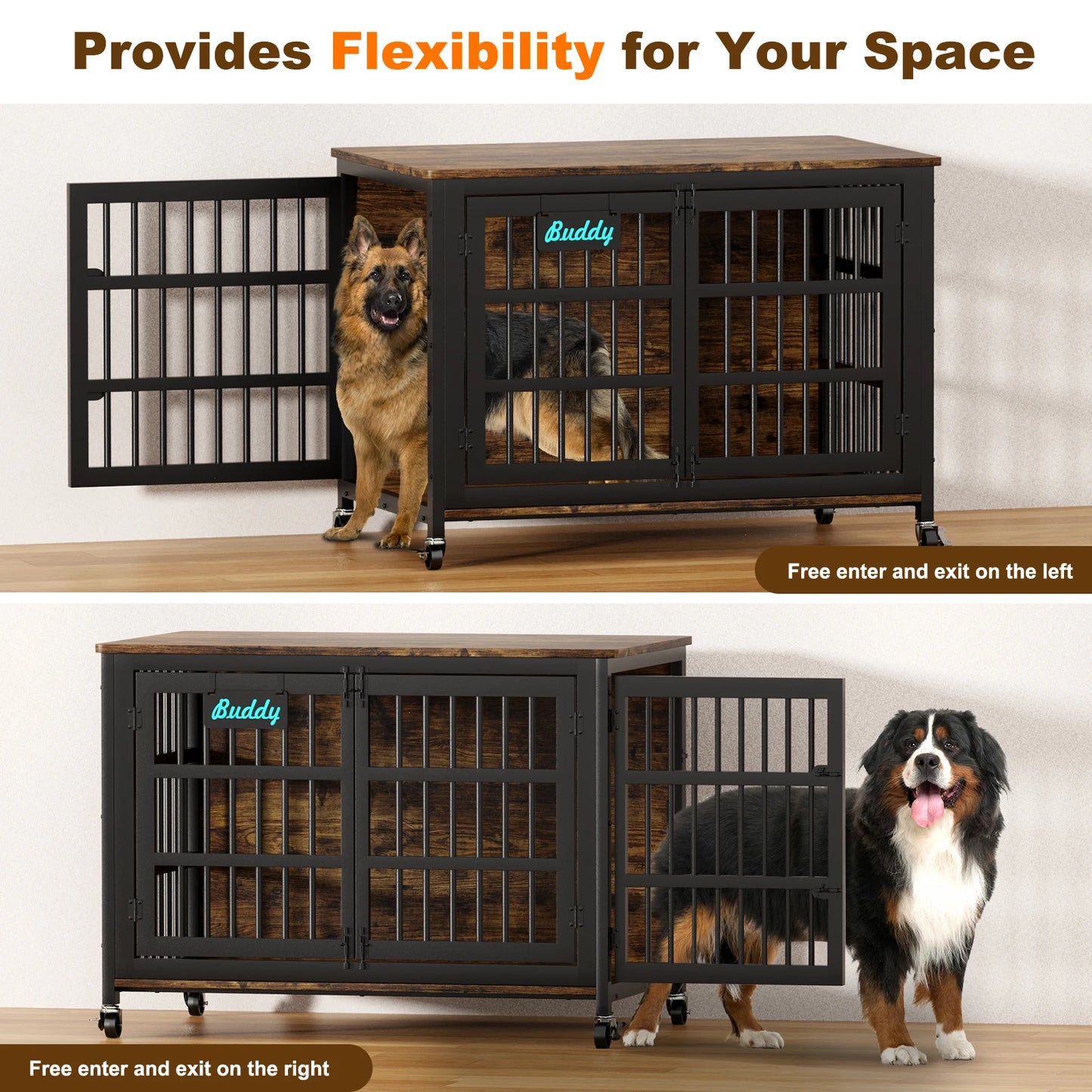 Heavy Duty Metal Wood Dog Crate Furniture with Casters