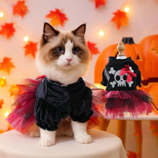 Halloween Puppy Tulle Costume With Bow And Skull Pattern