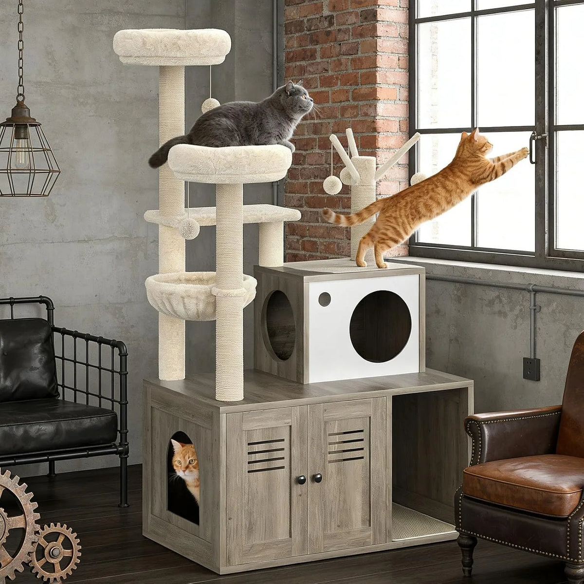 Modern Cat Tower With Hidden Litter Cabinet And Scratching Posts