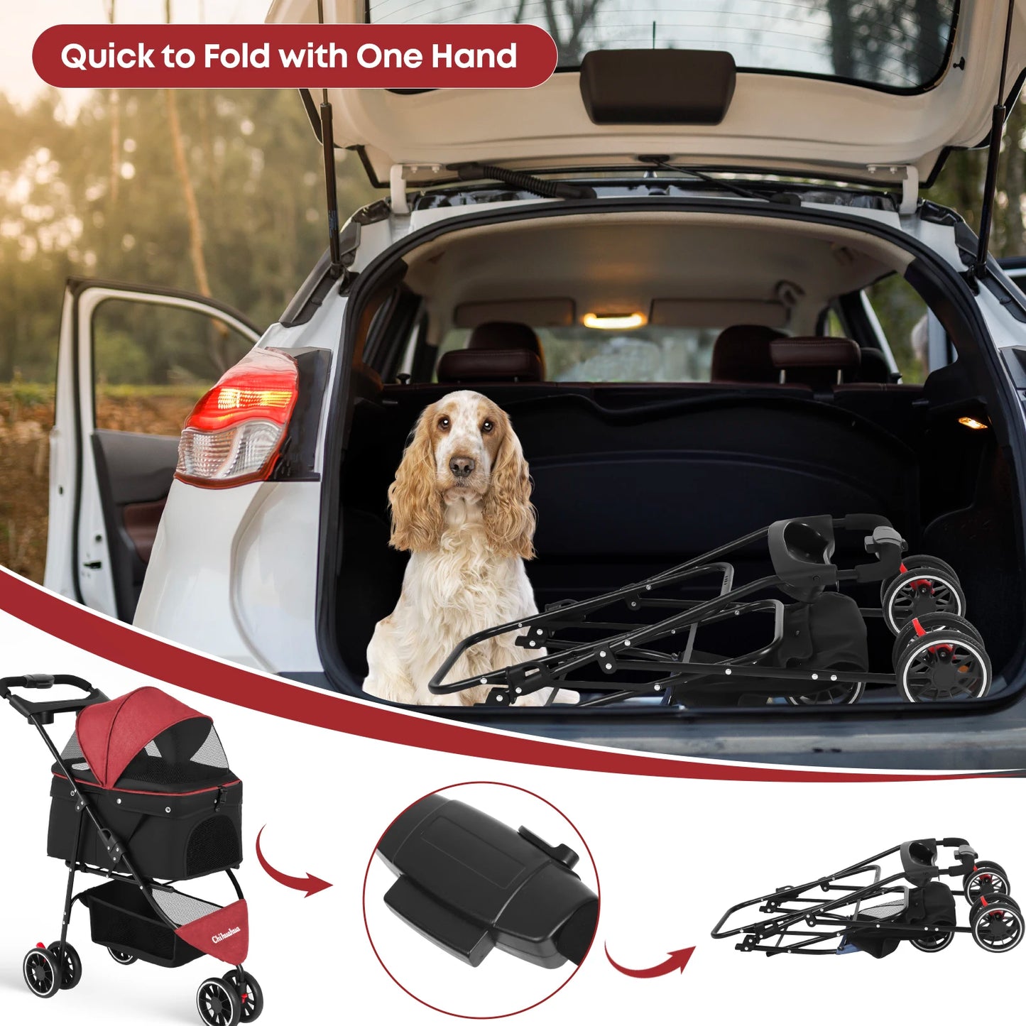 Chihuahua Pet Stroller For Cats And Dogs Foldable 3 Wheels Mesh Canopy