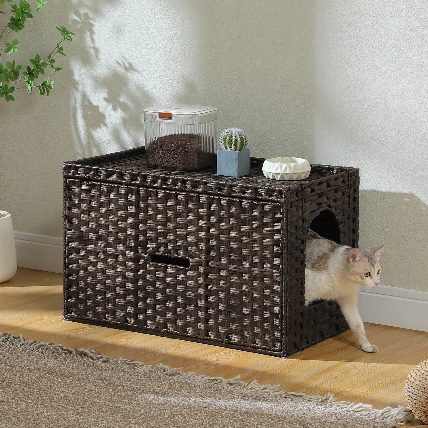 PEQULTI Rattan Cat Litter Box Enclosure With Tall Doorway