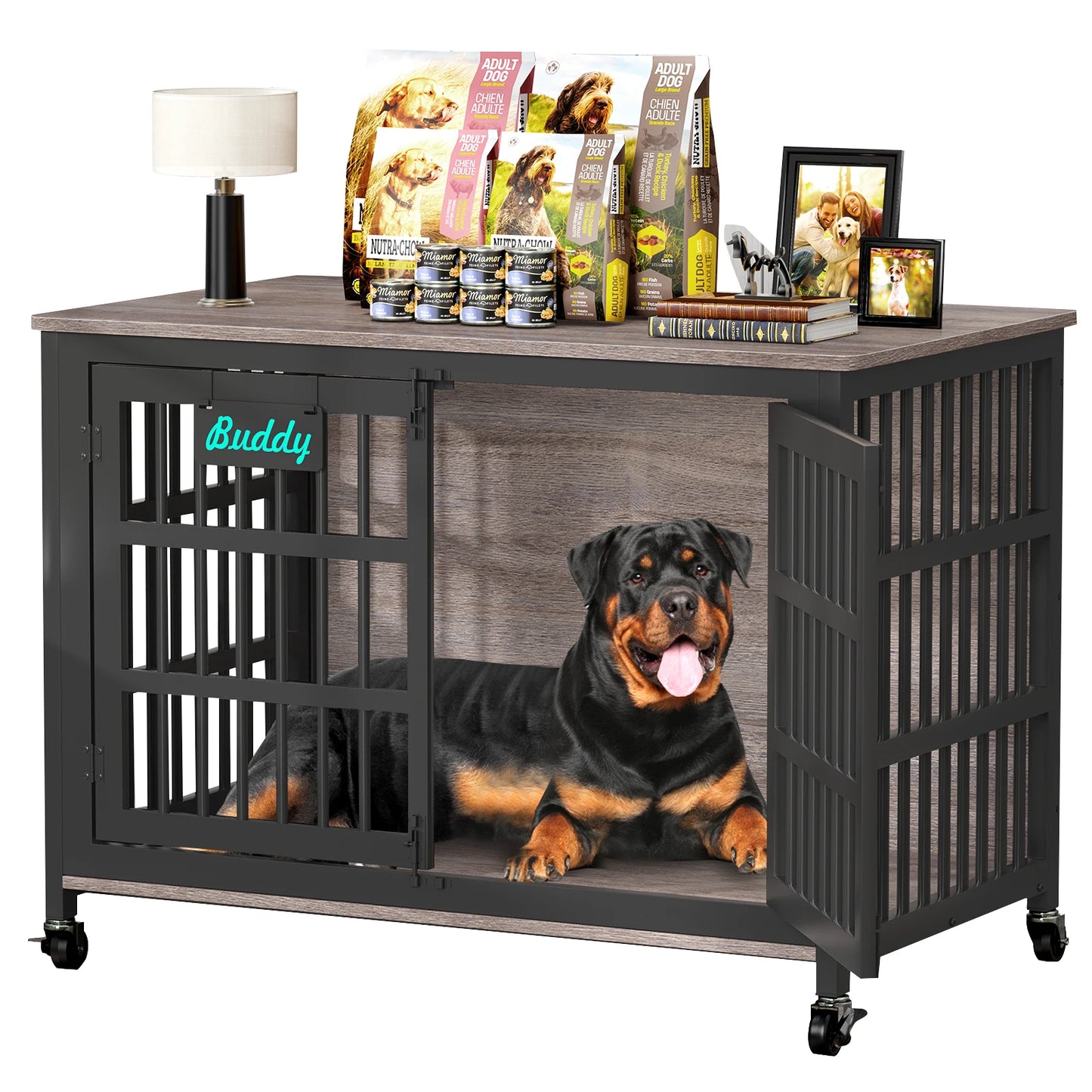 Heavy Duty Metal Wood Dog Crate Furniture with Casters