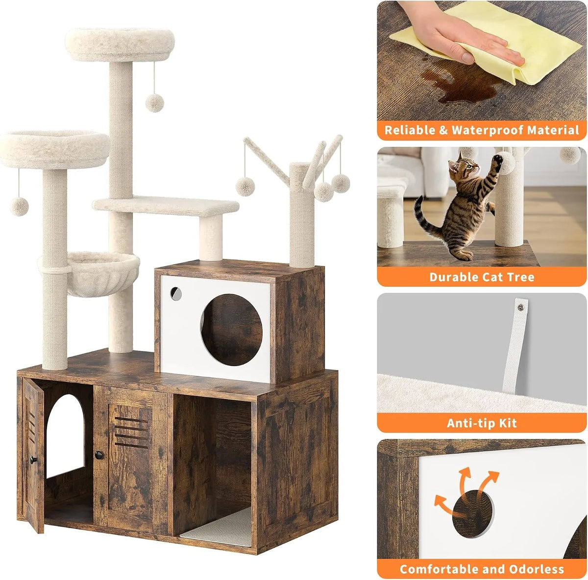 Modern Cat Tower With Hidden Litter Cabinet And Scratching Posts