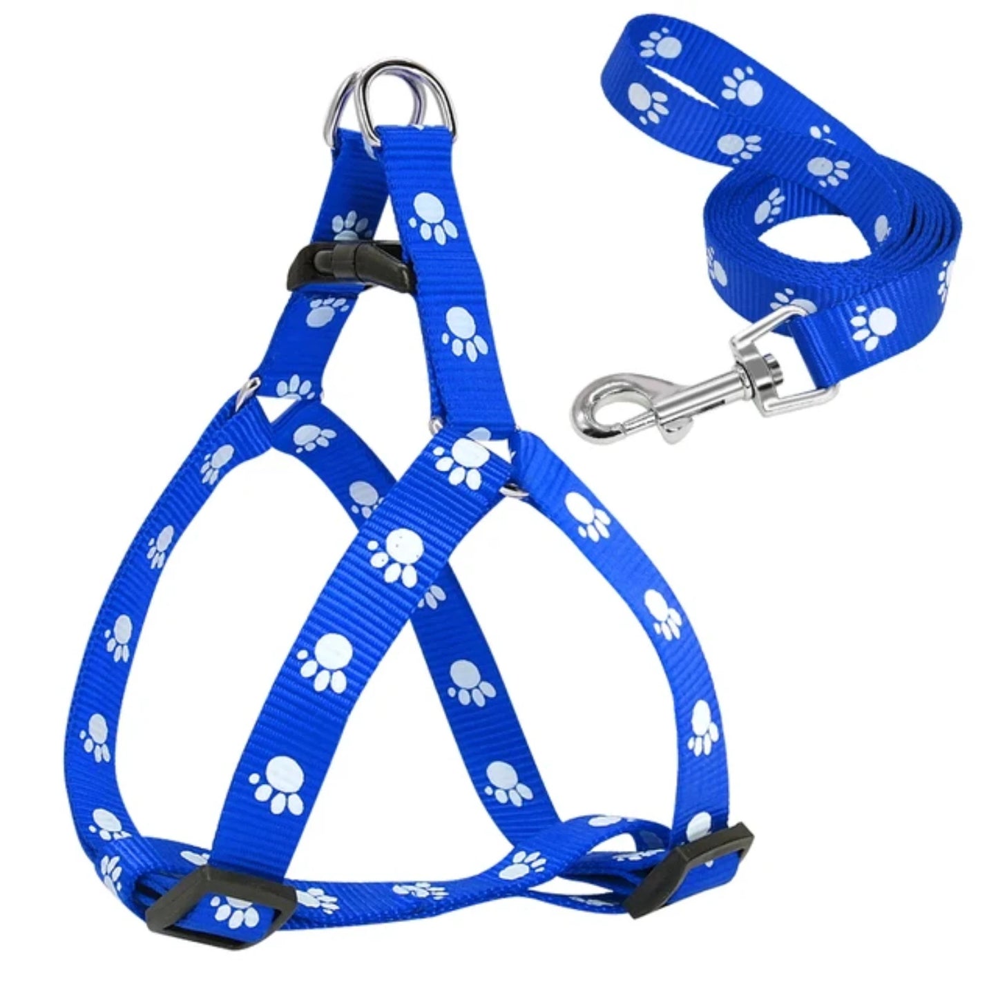 Adjustable Nylon Dog Harness And Leash Set With Paw Prints