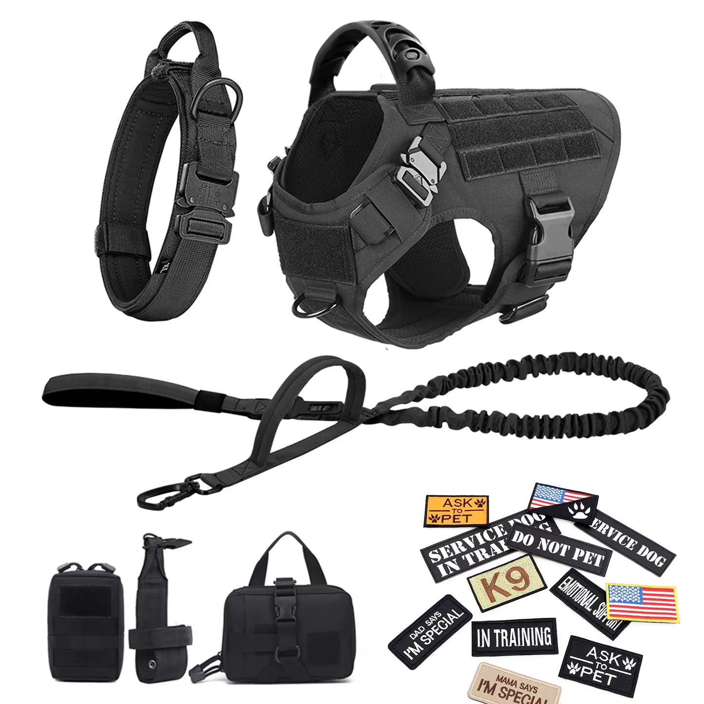 Nylon Military Dog Harness Vest Set With Leash Malinois Patches