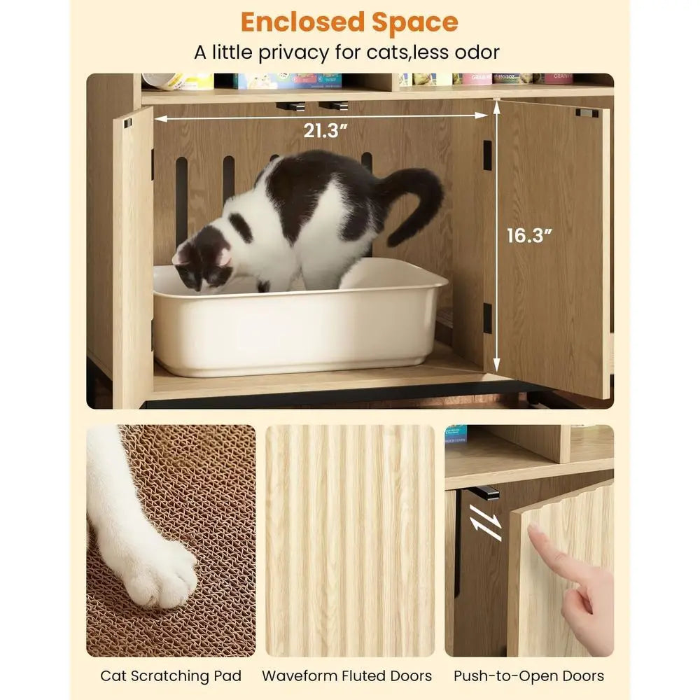 Cat Litter Box Enclosure With Hidden Storage And Scratching Pad