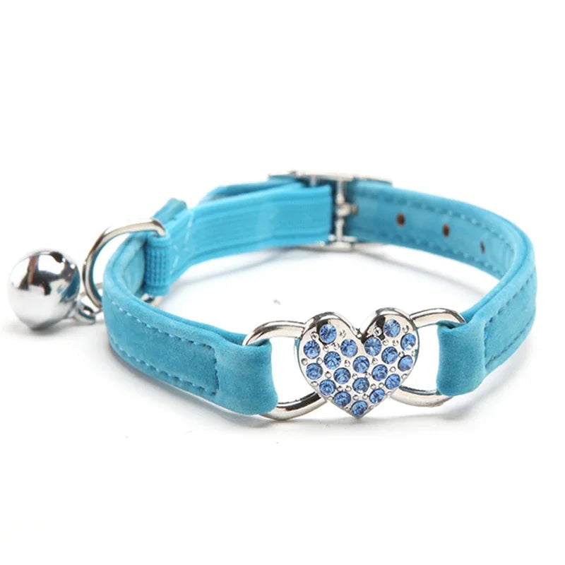 Heart Charm Cat Collar With Bell Elastic Adjustable Velvet