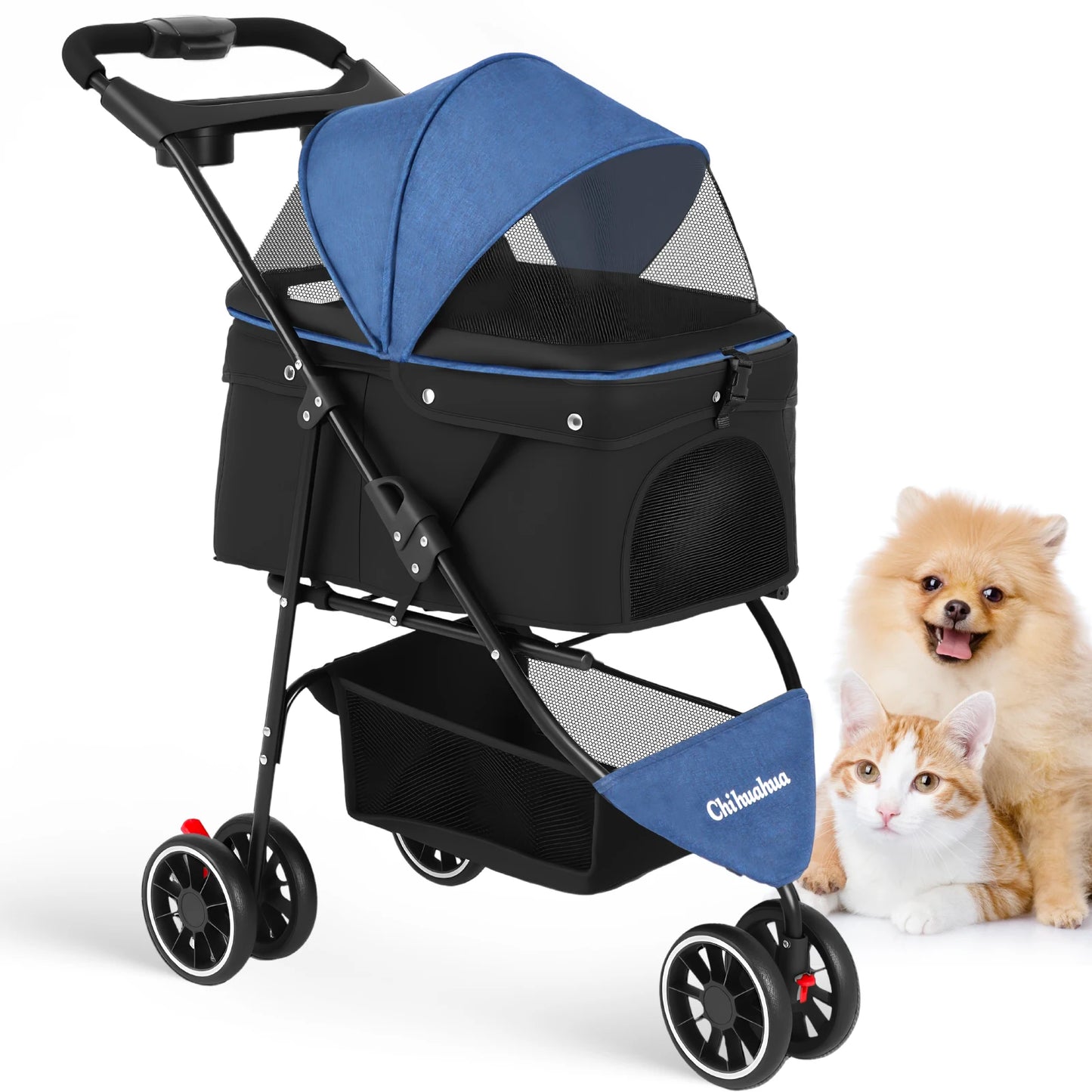 Chihuahua Pet Stroller For Cats And Dogs Foldable 3 Wheels Mesh Canopy