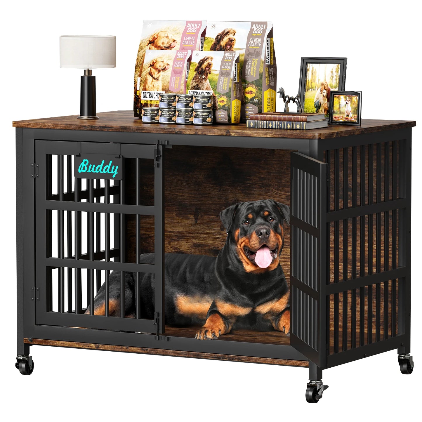 Heavy Duty Metal Wood Dog Crate Furniture with Casters