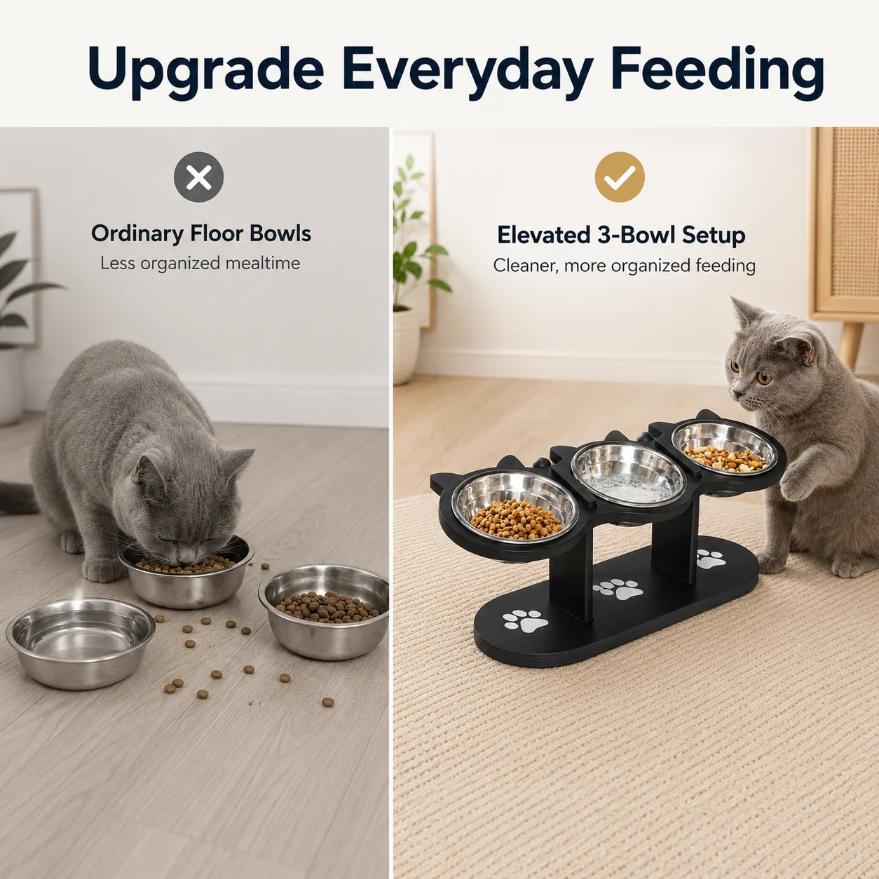 Tilted Elevated Cat Bowl Stand Detachable With Three Stainless Bowls