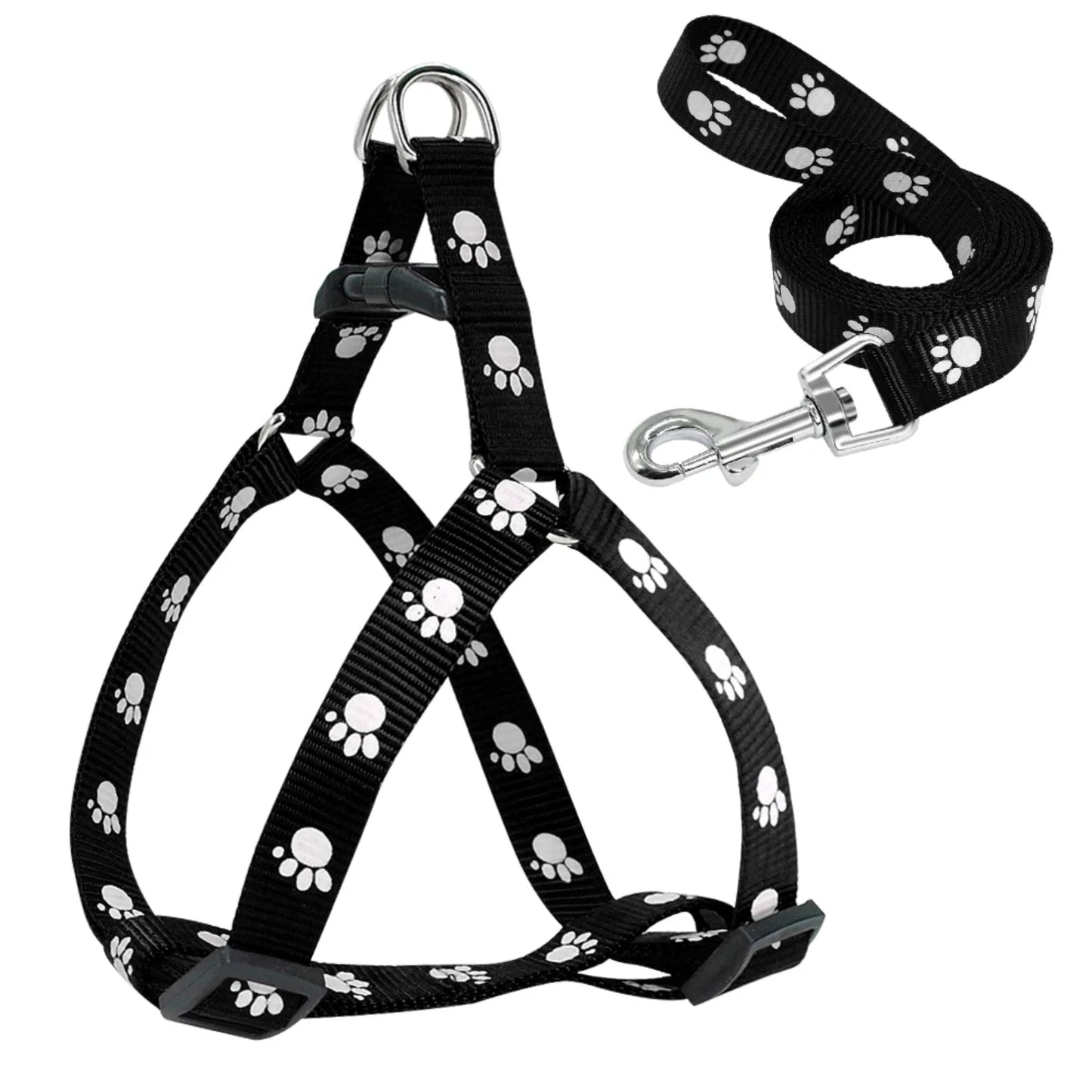 Adjustable Nylon Dog Harness And Leash Set With Paw Prints