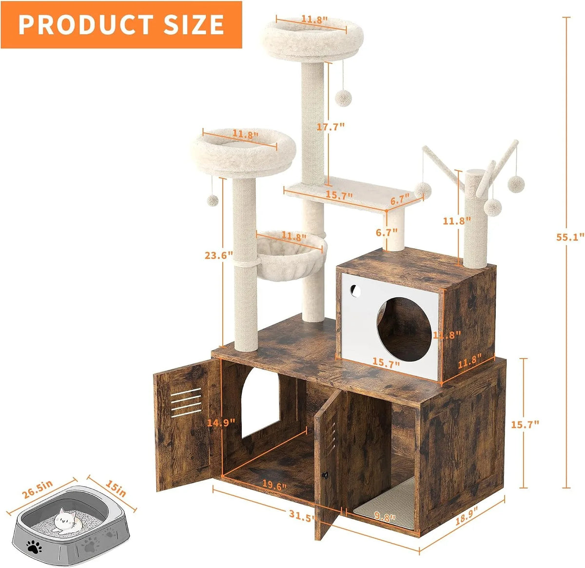 Modern Cat Tower With Hidden Litter Cabinet And Scratching Posts