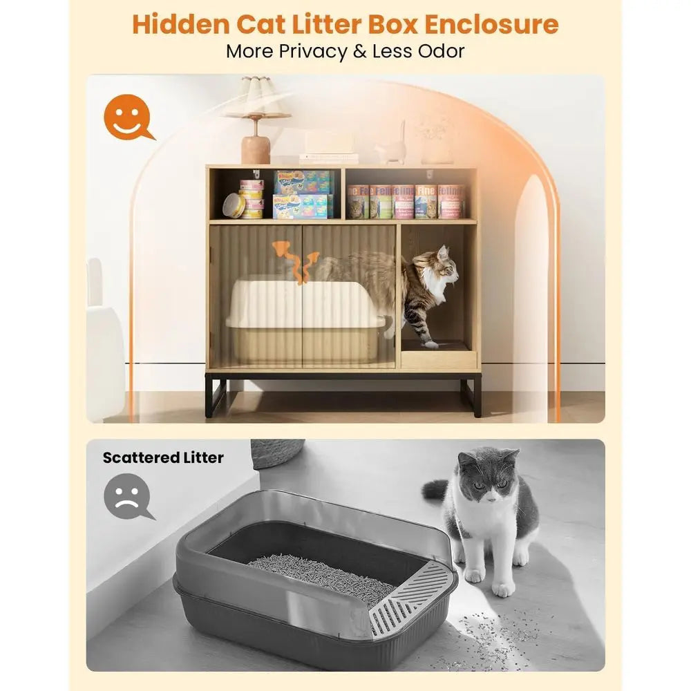 Cat Litter Box Enclosure With Hidden Storage And Scratching Pad