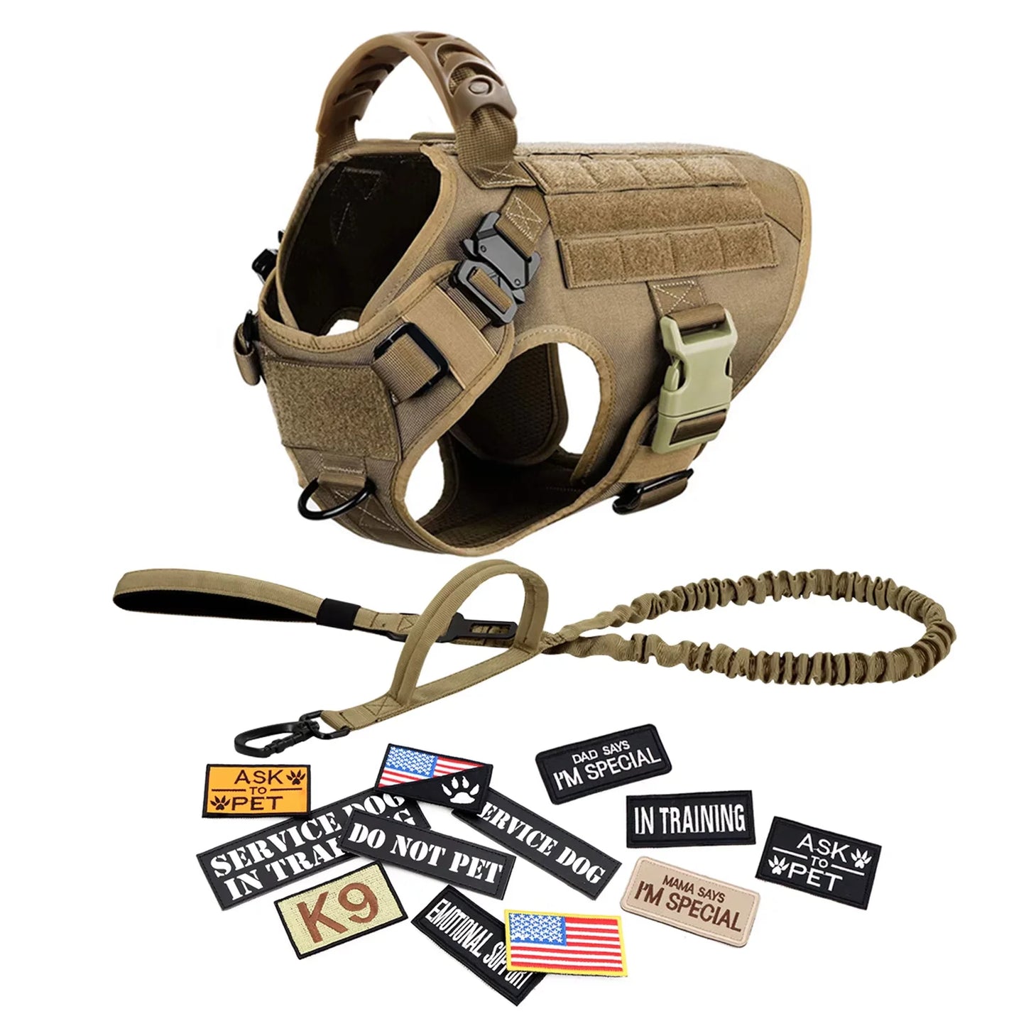 Nylon Military Dog Harness Vest Set With Leash Malinois Patches