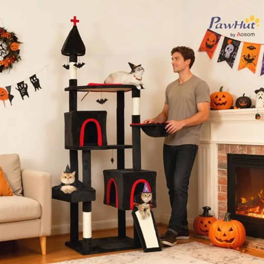 Gothic Cat Tree Tower With Condos, Sisal Posts And Hanging Balls