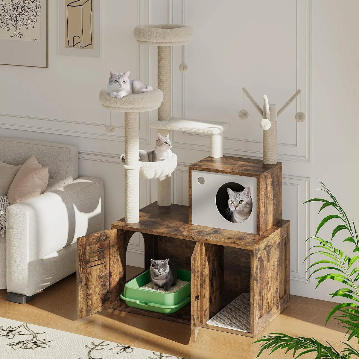 Modern Cat Tower With Hidden Litter Cabinet And Scratching Posts