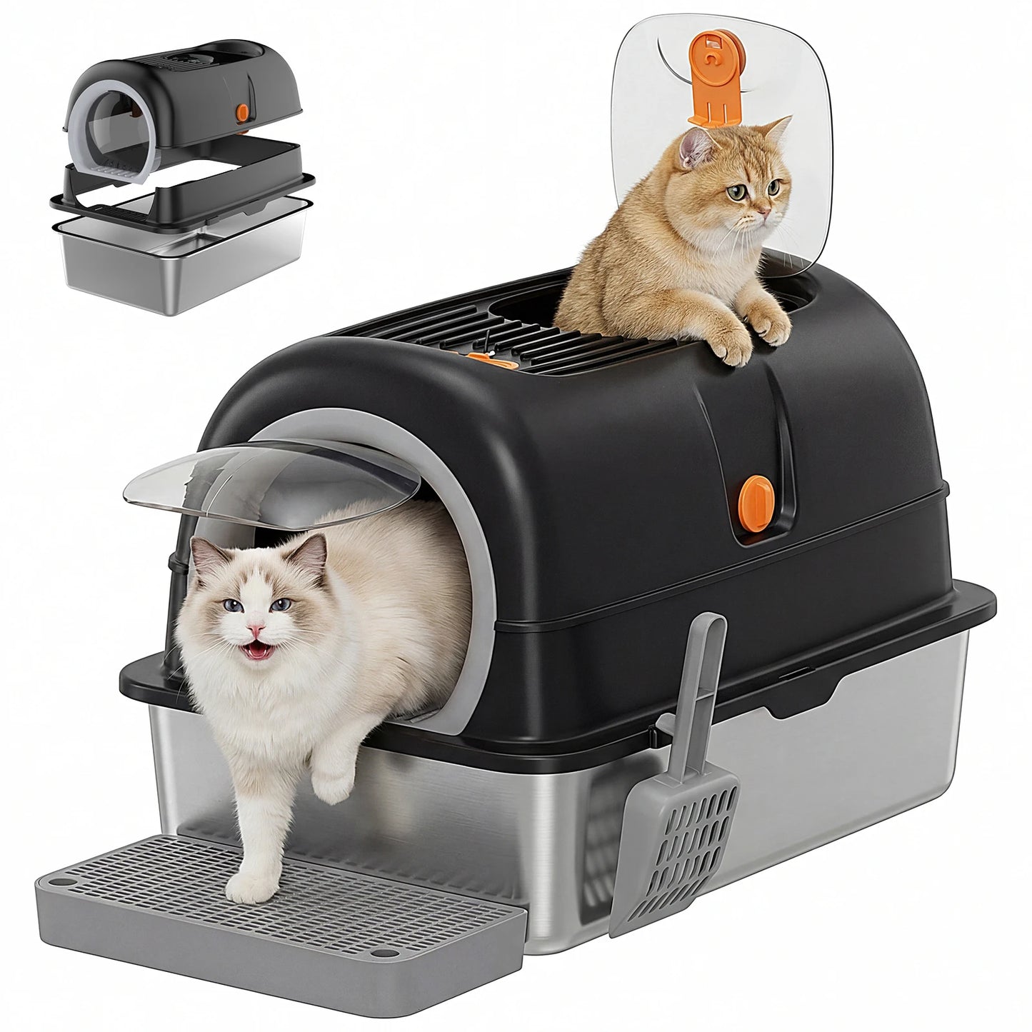 Stainless Steel Cat Litter Box Fully Enclosed, Scoop And Mat