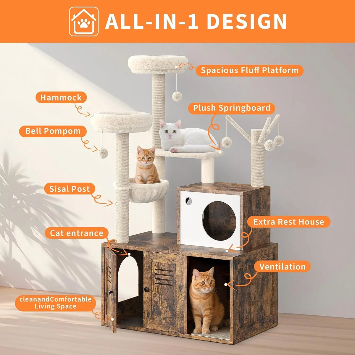 Modern Cat Tower With Hidden Litter Cabinet And Scratching Posts