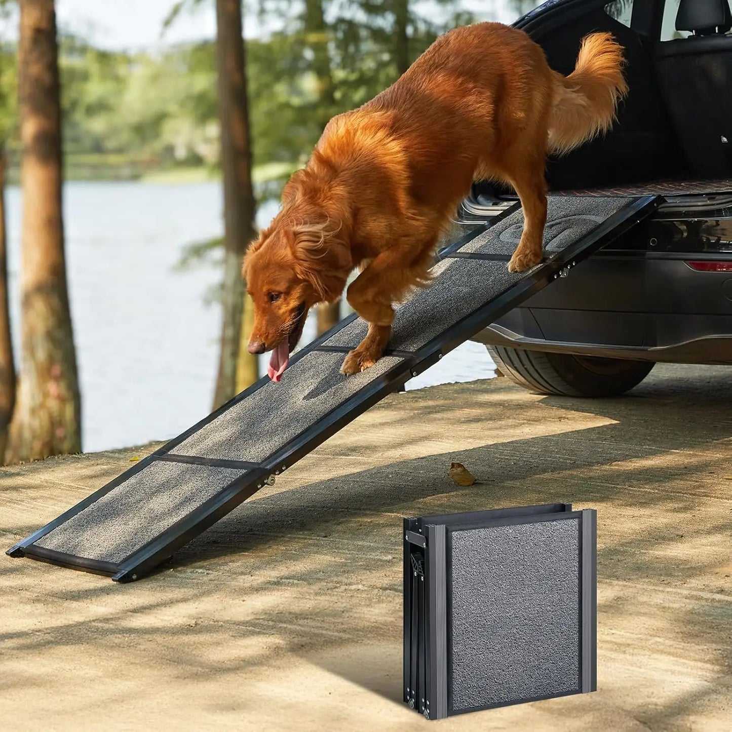 Upgraded Folding Car Dog Ramp With Non Slip Rug Surface For Large Dogs