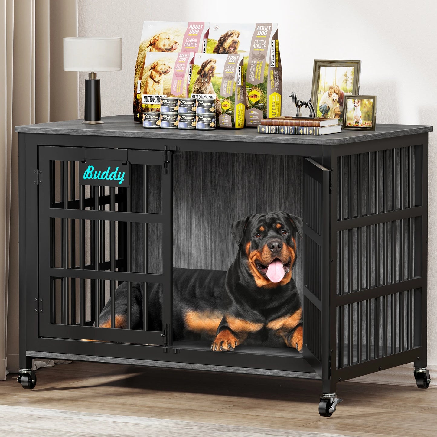 Heavy Duty Metal Wood Dog Crate Furniture with Casters