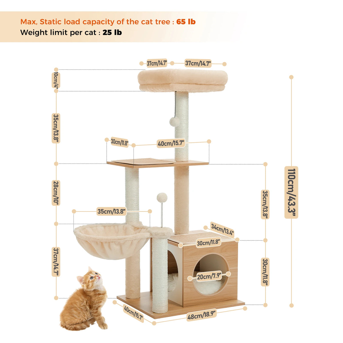 Pawz Road Multi Tier Wooden Cat Tree With Sisal Scratcher