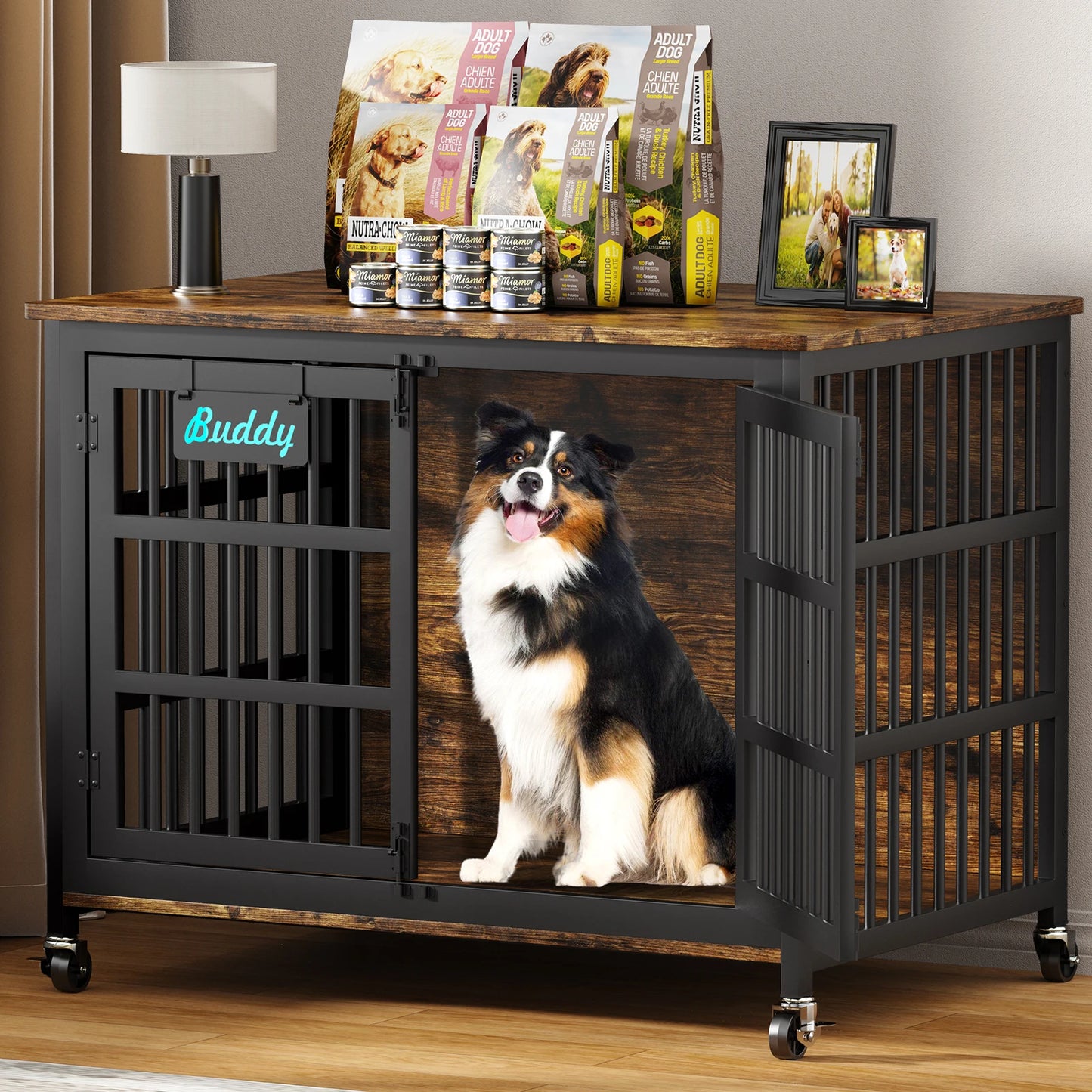 Heavy Duty Metal Wood Dog Crate Furniture with Casters
