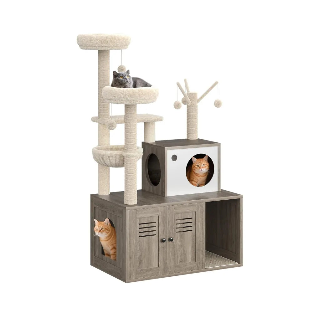 Modern Cat Tower With Hidden Litter Cabinet And Scratching Posts