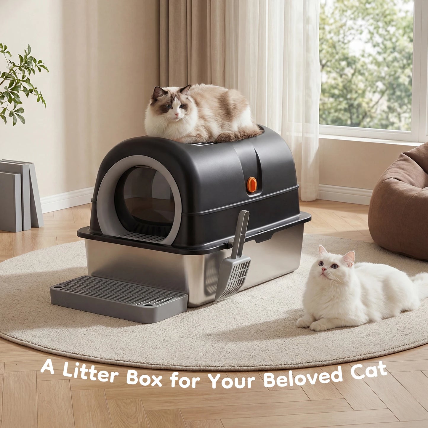Stainless Steel Cat Litter Box Fully Enclosed, Scoop And Mat