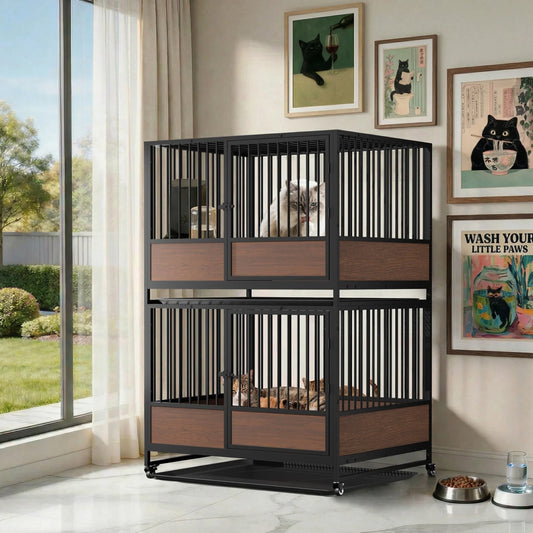 Furniture Style Metal Cat Cage Pet Kennel Roliing Cat Kittens Whelping Crate with Removable Tray for Homes Pet Shops