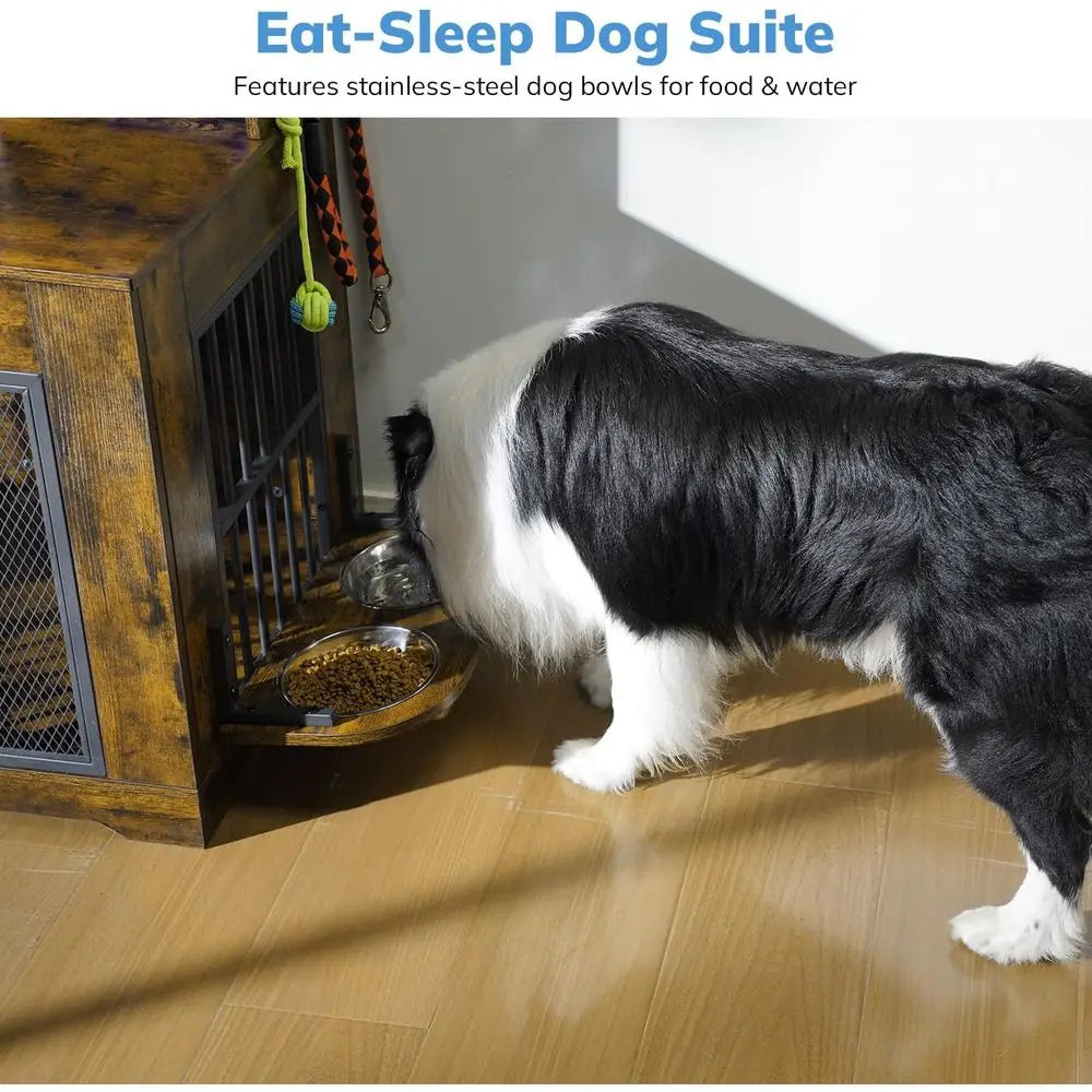 Indoor Dog Crate Furniture With Storage Shelves Stainless Steel Bowls