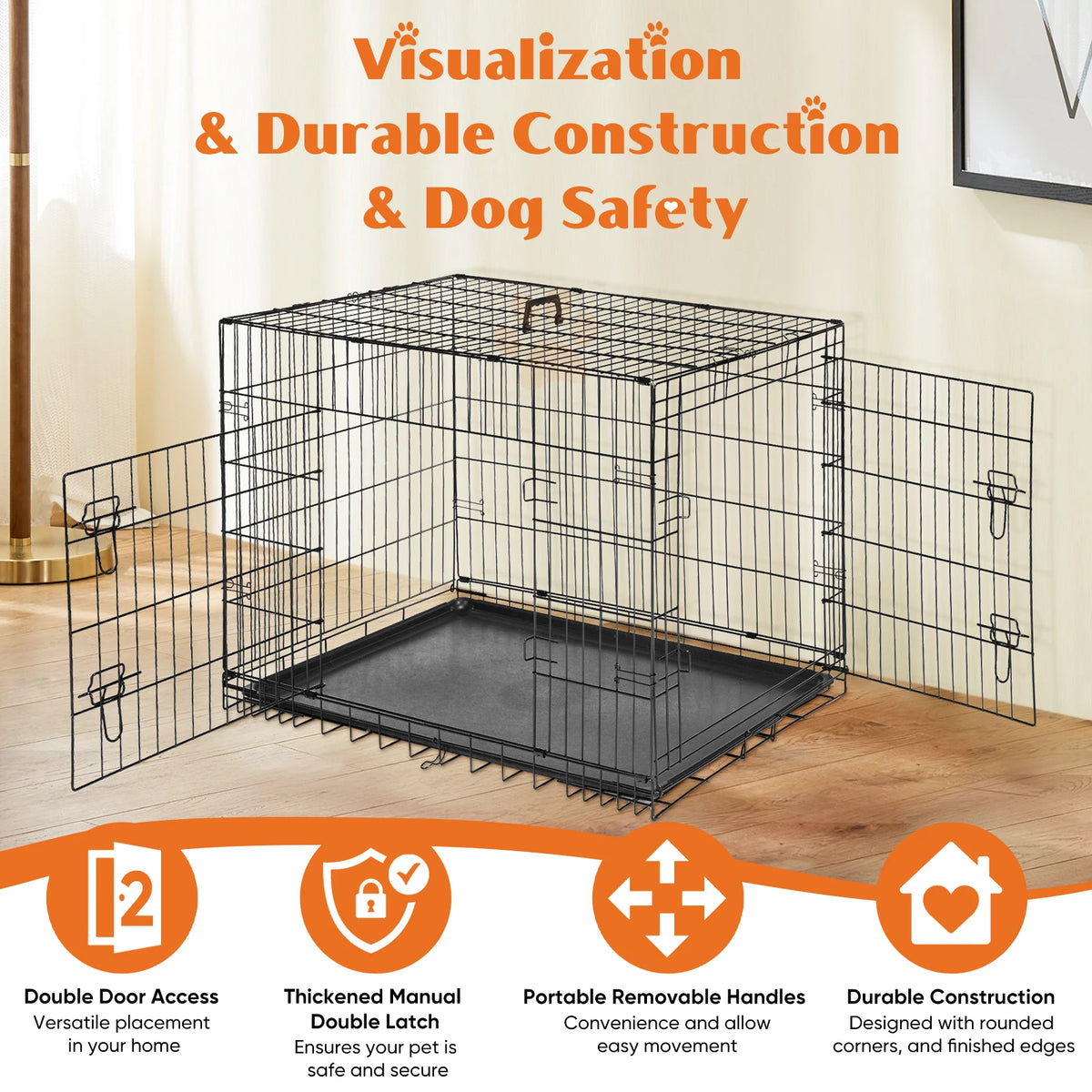 JHK Double Door Folding Metal Dog Crate With Leakproof Tray