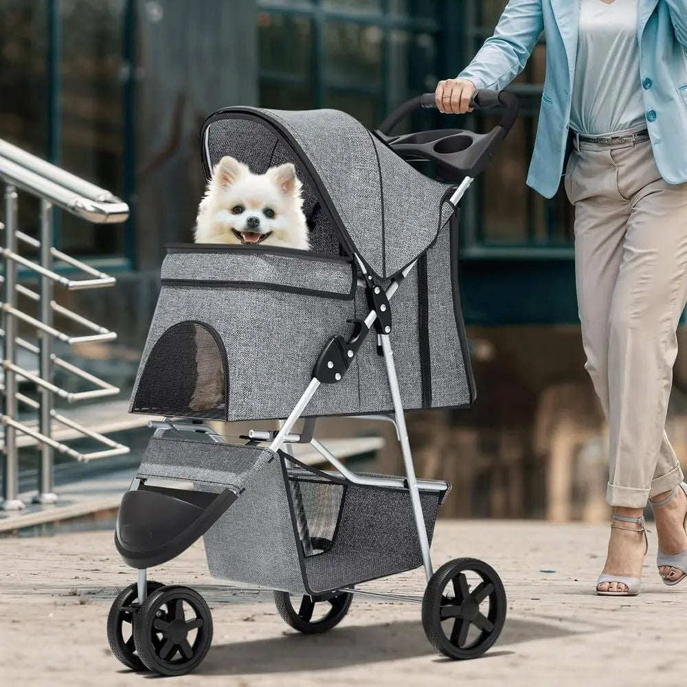 Foldable Three Wheel Pet Stroller With Breathable Carrier