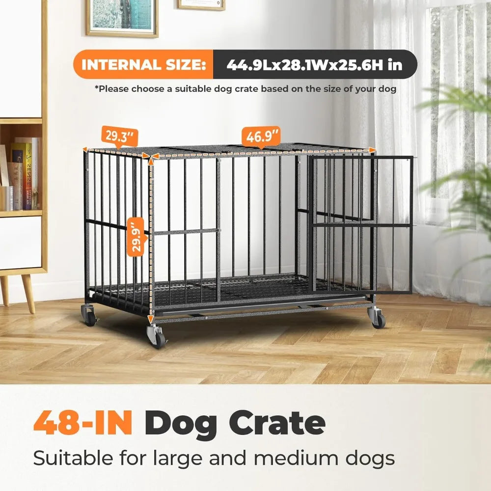 Heavy Duty Steel Dog Crate With Double Doors Lockable Wheels