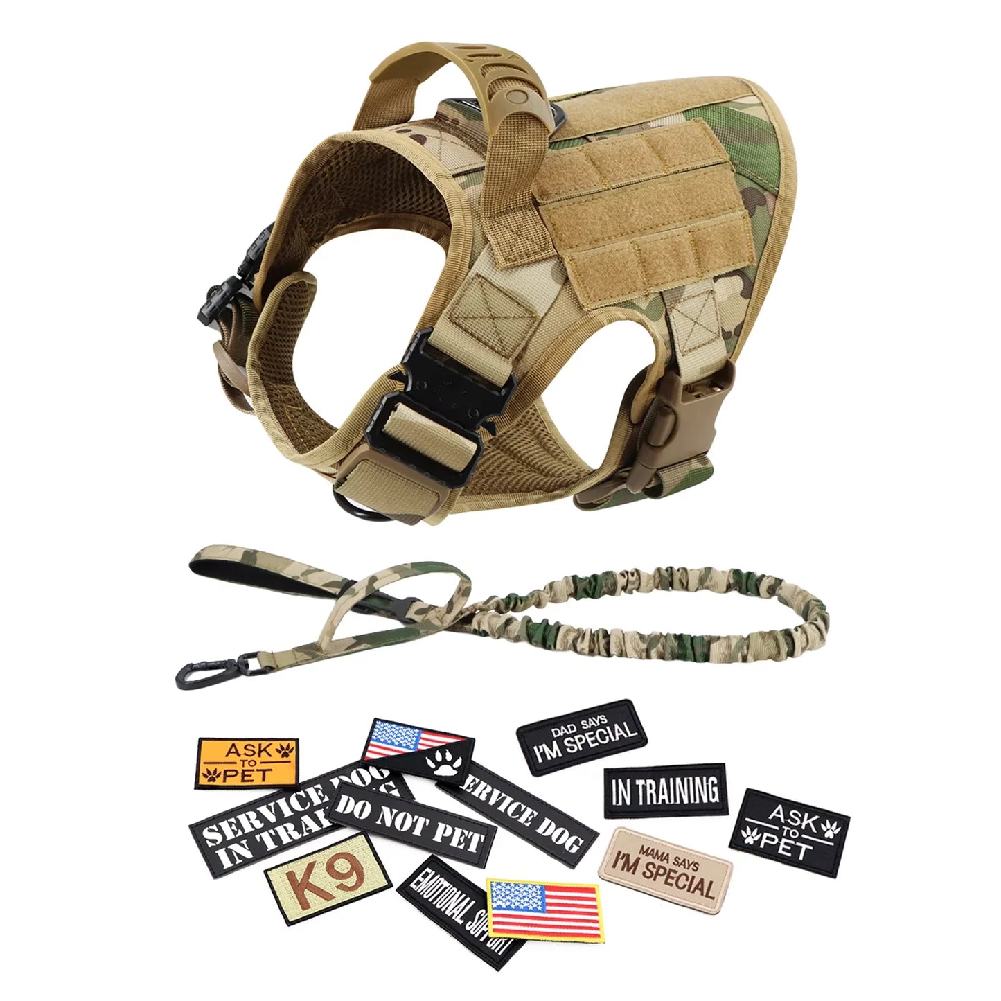Nylon Military Dog Harness Vest Set With Leash Malinois Patches