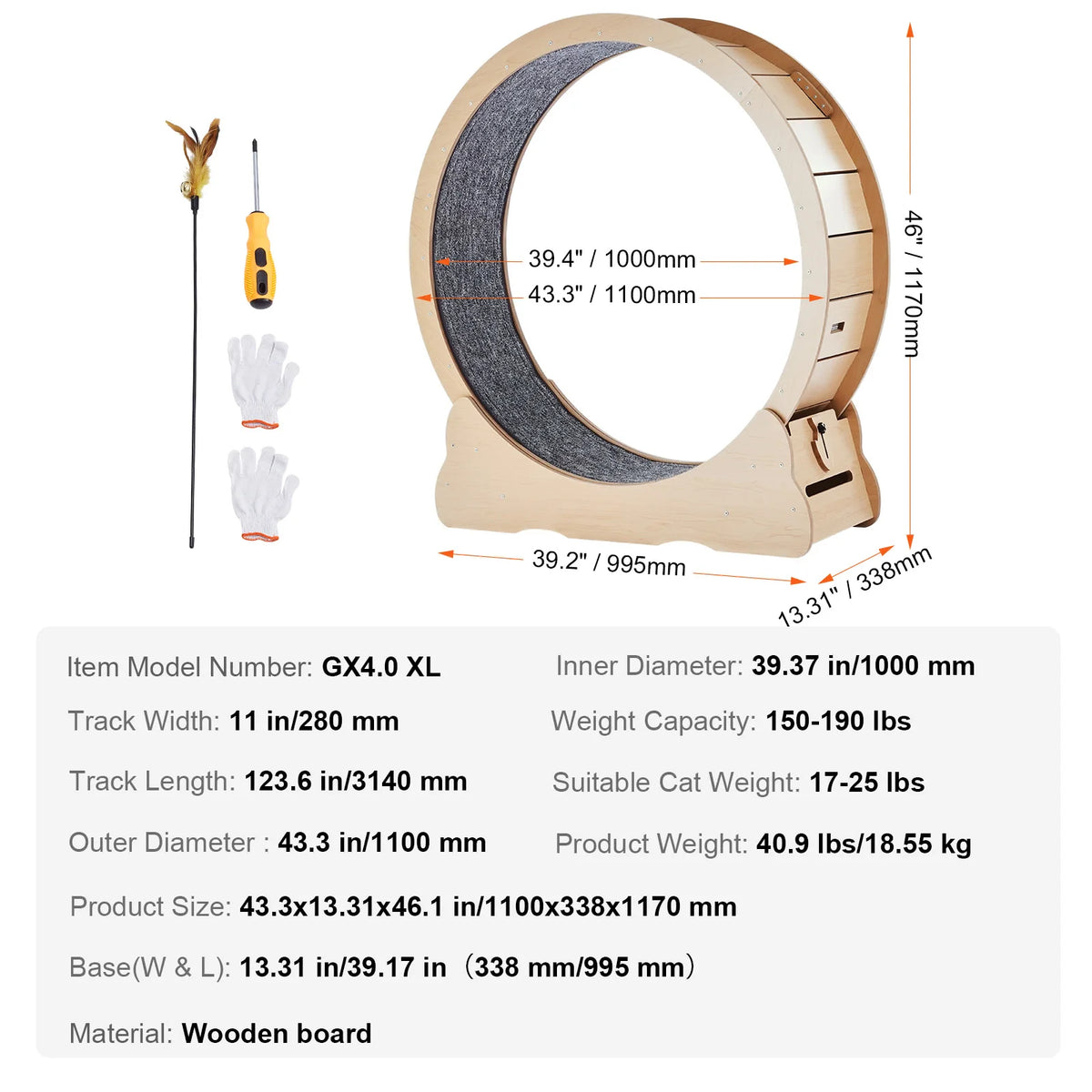 Wooden Indoor Cat Exercise Wheel With Detachable Carpet Toy